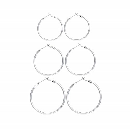 3 Pairs Sterling Silver Hoop Earrings, 14K White Gold Plated Big Hoop Earrings Set for Women 40 50 60MM