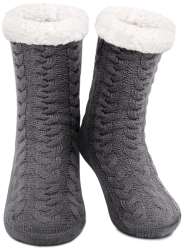 SIMIYA Slipper Socks Women Super Soft Fluffy Socks Warm Sock Cozy Fleece-lined Winter Non Slip Chunky Thermal Sock with Gel Grips (Grey)