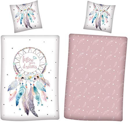 Traumfänger Bettwäsche Set 2-teilig Renforcé - Wendebettwäsche Rosa aus 100% Baumwolle - Deckenbezug 135x200 und Kissenbezug 80x80 cm mit Reißverschluss - kuschelig weich, Ökotex zertifiziert