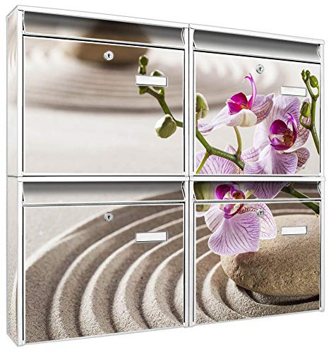 banjado Briefkastenanlage 4 Fach - Postkästen groß - verzinkter Stahl weiß DIN A4 Motiv Zen Relax - Briefkasten Set 4 Briefkästen Namensschild, 2 Schlüssel, Montagematerial