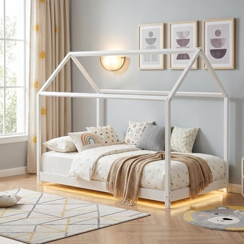 Panana Wooden Kids House Bed Frame, Solid Pine WoodTreehouse Style Childrens Floor Bed Frame for Toddlers and Children (White2)