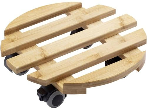 Metafranc Pflanzenroller Ø 300 mm - 60 kg Tragkraft - Bambus-Platte - Natürlicher Holz-Look - TPE-Rollen mit 4 Feststellern / Indoorroller / Blumenroller / Transporthilfe für Pflanzen / 825330