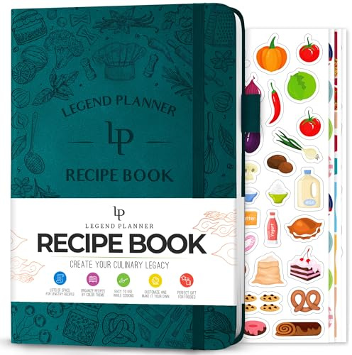 Legend Recipe Book – Livre de recettes familial vierge à écrire dans vos propres recettes – Journal de cuisine vide – Carnet de cuisine personnalisé, couverture rigide, format A5, 58 recettes au total