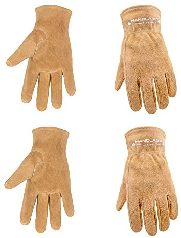 HLDD Handlandy Guantes de trabajo de cuero, 2 pares de guantes de jardinería de piel de vacuno para niños (2-9 años), niñas y niños (M, 4-6 años), color marrón