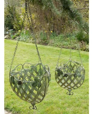 Annibells Metal Vintage Green Distressed Floral Metal Hanging Basket - Available in Two Sizes (Small)