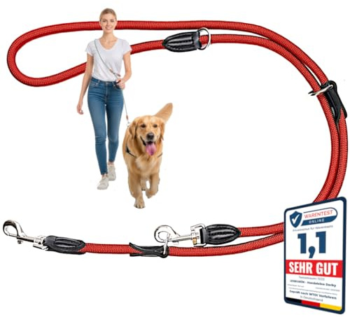 Leisegrün Hundeleine Derby | 2m Länge, Robustes Nylon, Flexibel verstellbar für mittelgroße bis große Hunde | Strahlendes Rot