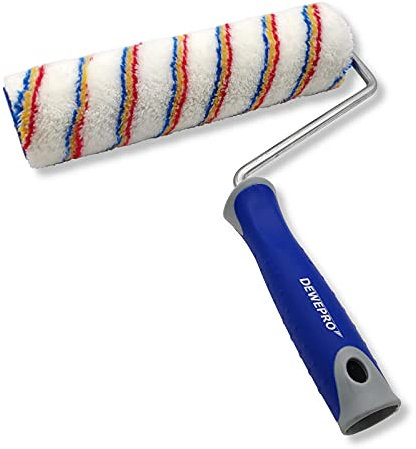 DEWEPRO 25cm Farbroller inkl. Steckbügel mit ergonomischem 2-Komponenten-Griff - kurzflorige Farbwalze geeignet für Acrylfarbe, Latexlacke und Farben auf Wasserbasis