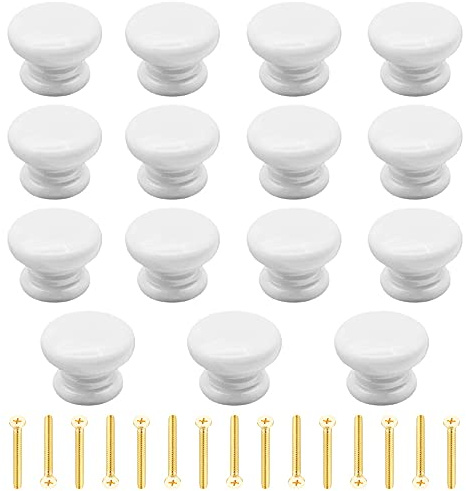 Yijunmca 15 Pack Cabinet Knobs Round Pulls 34mm White Wooden Drawer Knobs with Screws for Dresser Furniture Kitchen Bathroom Cupboards & Shutters Wardrobe Pulls, Mushroom Shape Handle