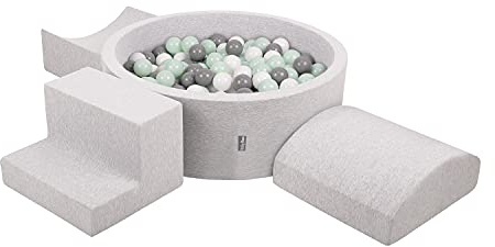 KiddyMoon Spielplatz Aus Schaumstoff Mit Rund Bällebad (200 Bälle) Ballgruben Für Babys Spielbad Hindernisläufen, Hergestellt In Der EU, Hellgrau:Weiß/Grau/Minze