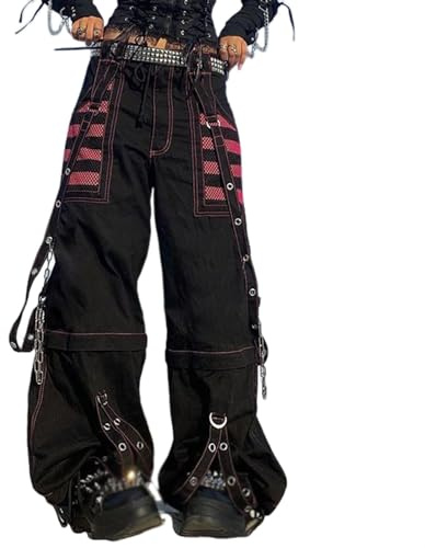 FUZUAA Jeans Cargo Gothique pour Femmes Taille Haute Jambe Droite Large Punk Grunge Pantalon Baggy Goth Pantalon Esthétique Y2k Streetwear avec Poches (Color : Black, Size : S)