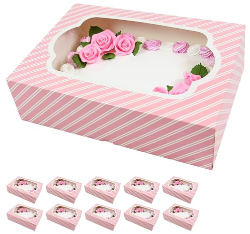 Global Sugar Art 10-Count Quarter Sheet Cake Box with Window, Sturdy, AutoPopup (14 x 10 x 4 Inches, Pink Stripe)