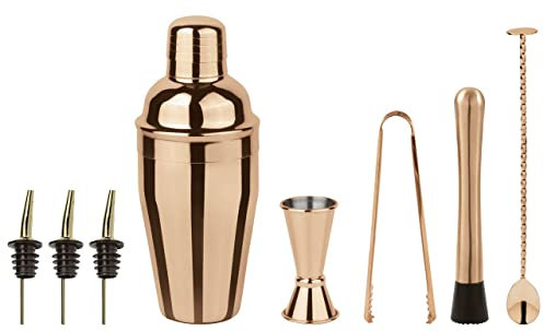 Paderno Cocktail-Set Cobbler 41480-G8, 8-teilig, aus poliertem, goldfarbenem Edelstahl, bestehend aus: Eiswürfelbereiter, Cocktailschaufel, Eiscrusher, Mixlöffel, Shaker, 3 Ausgießer