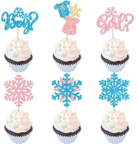 Gyufise 24Pcs Snowflake Gender Reveal Cupcake Toppers Pink Blue Glitter Boy or Girl Snowflake Cupcake Pick Decorations for Winter Gender Reveal Theme Baby Shower Kids Birthday Party Supplies