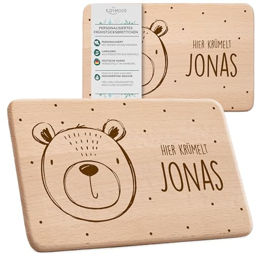 KIDSMOOD - Personalisiertes Frühstücksbrettchen für Kinder und Erwachsene | Holzbrettchen mit süßem Fuchs Motiv | Perfekt als personalisierte Geschenke zur Taufe, Geburt für Kinder [22x14 cm]
