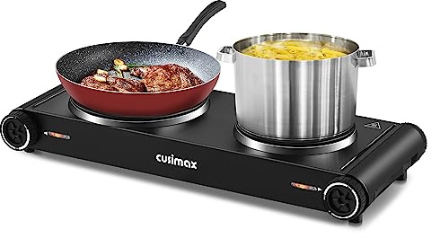 CUSIMAX Electric Hot Plate,Portable Double Hot Plate For Cooking,1800w Electric Stove Temperature Controls,Cast Iron Cooktop,Suitable For All Cookware,Easy To Use Handle,Black Stainless Steel