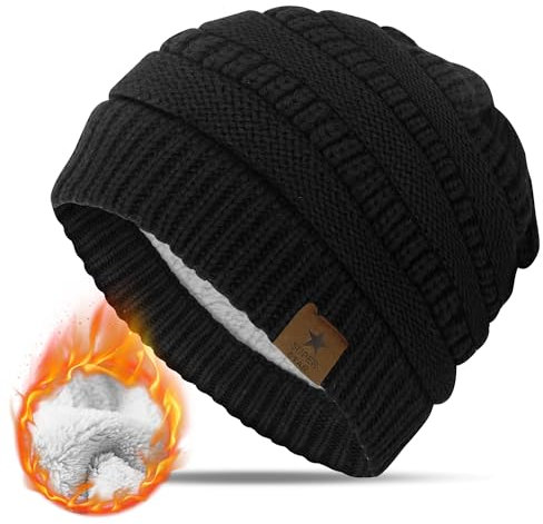 KEECOW Damen Strickmütze Beanie, Mütze Damen Winter, Double Fleece Line Warm Thermal Beanie für Ski Sport Outdoor (Schwarz)