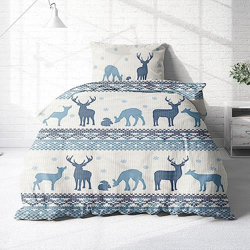 Träumschön Biber Bettwäsche Set 2tlg 135x200 cm + 80x80 cm – Flauschige Weihnachtsbettwäsche Blau – Weiche Winterbettwäsche mit Rentieren - Atmungsaktiv, Warm & Hautfreundlich - 100% Baumwolle