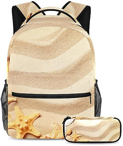VAPOKF Schulranzen-Set für Teenager, Mädchen, Jungen, Schüler, Büchertasche, Rucksack mit Federmäppchen für die Schule, Sommer, Strand, Sand, Muschel, Seestern, multi, Einheitsgröße, Schulranzen-Sets