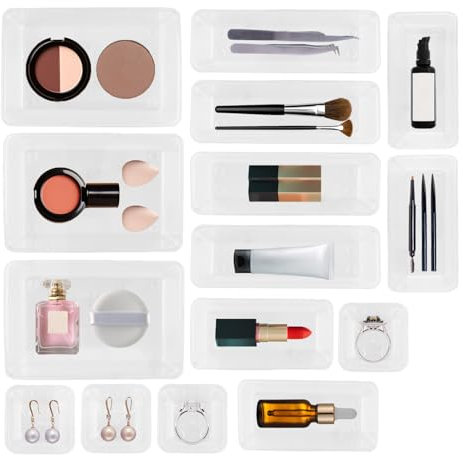 APACALI 15 Stück Schubladen Ordnungssystem mit 5 Größen, Schubladen Organizer, Schminktisch Organizer Einsetzbar, Antirutsch Schubladen Organizer Veranstalter für Makeup, Küchen, Bad, Büro