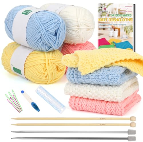 Aeelike Knitting Starter Kit for Adults - Knitting for Beginners Kit - Make Your Own Dishcloth - Knitting Kit with Yarn, Instructions, Knitting Needles and Yarn Needle - Knitting Gift Set for Knitters