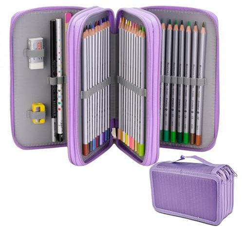 Sporgo Federmappe 72 Slots Mäppchen: Groß Federmäppchen 4 Fächer Studenten Federtasche, Große Kapazität Stiftemappe mit Tragegriff, Schlamppermäppchen für Kunstschule, Büro, Reisen (Lila)