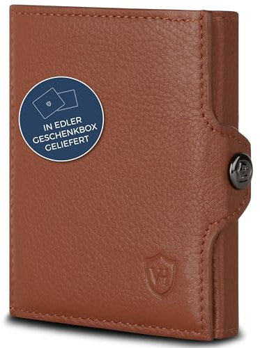 VON HEESEN Slim Wallet mit XXL Münzfach & RFID-Schutz - Mini Geldbörse Herren & Damen - Kartenetui Kreditkartenetui - Portmonee Geldbeutel Portemonnaie klein Cognac-Braun