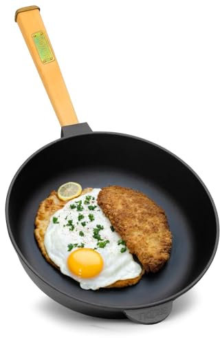 4BIG.fun Ø26cm Pfanne aus Gusseisen mit Holzgriff abschraubbar 65mm hoch Gusseisenpfanne Bratpfanne Steakpfannen Cast Iron Pan Feuerpfanne Gasgrill Backofen Feuerstelle alle Herdarten Induktion