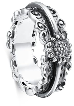 HOOHWE Anxiety Ring Damen Anti Stress Ringe silber 925 Vierblättrigem Kleeblatt/Sonnenblumen Ringe für Damen Vintage klobiger Ring mit geprägtem vierblättrigem Kleeblatt Geschenk