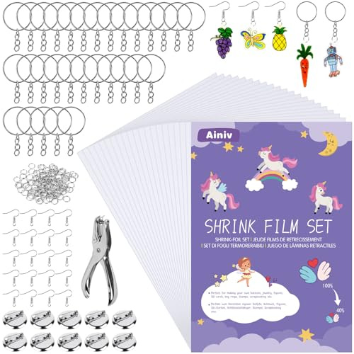 Ainiv 181 Stück Schrumpffolie Set, 20PCS Schrumpffolie zum Basteln | Inklusiv Schrumpfpapier(20*14.5cm), Schlüsselanhänger, Offener Schlaufe, Ohrhaken, Brosche, Locher, Schrumpffolien Set