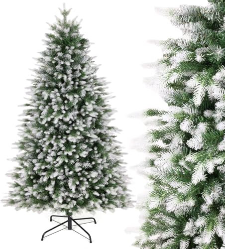 180CM PE&PVC künstlicher Weihnachtsbaum mit Schnee, 1000 Zweigspitzen,einfache Montage, Metallgelenke & klappbarer Ständer, Weihnachtsbaum für Büro, Zuhause, Geschäft, Party, Feiertagsdekoration