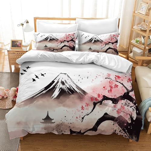 CXYXHW Set di biancheria da letto a fiori di ciliegio, copripiumino giapponese Sakura, set di biancheria da letto in stile pittura a inchiostro in microfibra 3 pezzi per biancheria da letto per