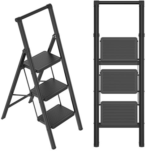 VA-Cerulean Trittleiter Tritthocker 3 Stufen, Klappleiter mit Rutschfesten Stufen Klapptrittleiter Haushaltsleiter, Multifunktionale Leiter, bis ca. 270kg Belastbar, Schwarz, Mit Armlehne