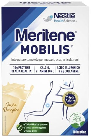 Meritene Mobilis Integratore Completo Gusto Vaniglia, 10 Bustine da 20 g | Integratore completo gusto vaniglia, 10 bustine monodose da 20g, con calcio, vitamina D e C, acido ialuronico e collagene