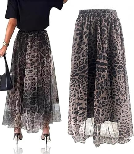 Maxirock mit Leopardenmuster, Lagendesign, hohe Taille, versteckter elastischer A-Linien-Röcke, geschichtetes Design, Chiffonröcke, leopard, M