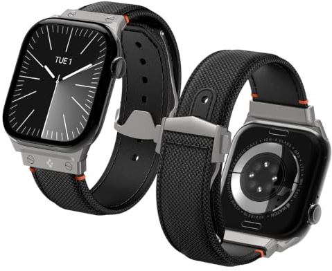 Spigen Classic Fit Bracelet Compatible avec Apple Watch Ultra 3/2/1 49mm, Series 11/10 46mm, Series 9/8/7 45/44mm, bande en nylon et PU - Noir