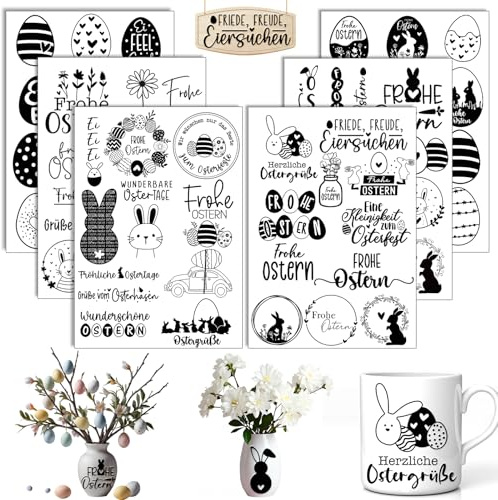 6 Stück A5 Rub On Sticker Folie Transferaufkleber Ostern Frühling | Sprüche Frohe Ostern, zum Basteln für Raysin, Keraflott, Möbel, Glas & Holz