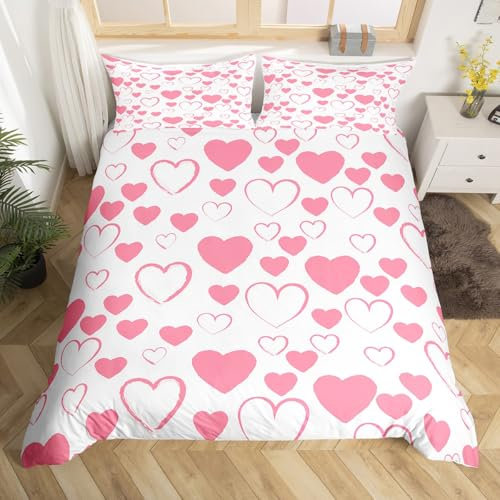 Loussiesd - Copripiumino con stampa di motivo a cuori rosa, matrimoniale, per coppie e donne, biancheria da letto moderna e minimalista, in microfibra, 2 federe, con cerniera