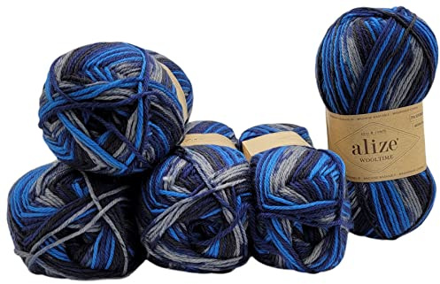 5 x 100 Gramm Sockenwolle Alize Wooltime mehrfarbig, 75% Superwash Wolle, 500 Gramm Strickwolle für Stricksocken und Strümpfe (schwarz blau grau 11011)