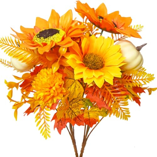 Kinisty Kunstblumen Herbst Sonnenblumen 2 Bündel Herbstblumen Künstliche Blumen mit Kürbis, Ahornblätter, Farn für Sommer Herbst Erntedankfest Halloween Deko