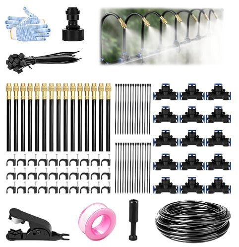 Garden Irrigation Watering Systems Kit, 50FT Greenhouse Automatic Water Misting System, 15pcs 360° Auto Watering Equipment for Plants Outdoor Indoor Adjustable Bendable Nozzle Copper Sprayer