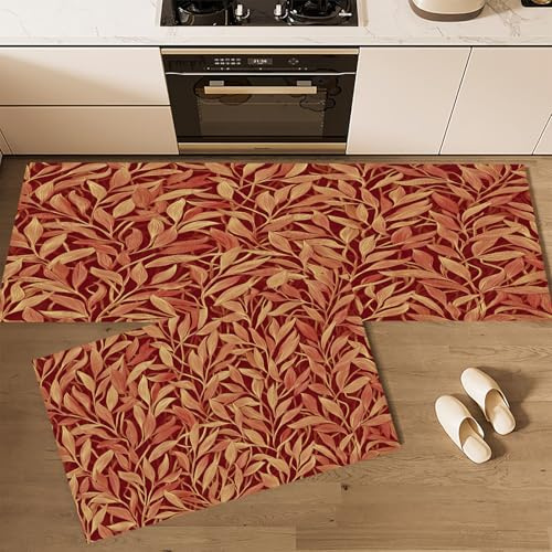 2 Pezzi Tappetino da Cucina Antiscivolo Set di Tappeti da Cucina, Tappetini e Tappeti Astratto Piante Foglie Di Salice Rami Lavabili per Corridoio, Sala da Pranzo e Ingresso, 50×80cm+50×160cm
