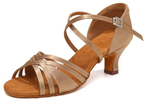 Uonpie Latinska dansskor för kvinnor med öppen spets – Salsaskor med 5 cm klack, Beige, 39 EU