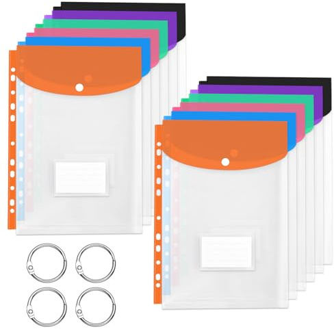 Dokumententasche A4, 12 Stk Wasserdicht Kunststoff Transparent Dokumententaschen A4 Abheftbar, für Home Bürobedarf Büromaterial Dokumenten Organizer Mappen ordnersystem, mit 4 Binderinge