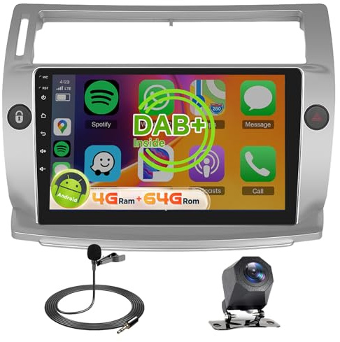 【8 Cœur 4+64G】 Hodozzy Carplay Dab+/Dab Autoradio pour Citroën C4 2004-2009, 9 Pouces Ecran Tactile Android Autoradio avec Android Auto/WiFi/GPS/RDS/Bluetooth/USB+Camera de Recul