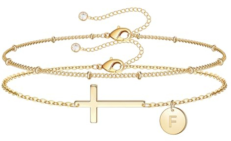 TINGN Armband Damen Gold mit Kreuz - 14K Gold Vergoldet Layered Personalisierte Armband mit Buchstaben Monogramm Scheiben Armkette Damen Goldschmuck Taufe Geschenke für Frauen Teenager Mädchen