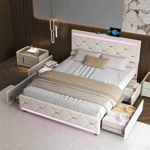 JYNVO Schubladenbett 160x200 cm mit 4 Schubladen und LED-Lichtleisten, Polsterbett mit Stauraum, Doppelbett mit USB-Ladeanschluss, Cremeweißes Samtbett, Ohne Matratze
