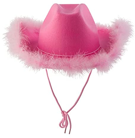 Generic Cowboyhatt i Rosa Filt med Fjäderkant för Kvinnor, Justerbar Hakrem, för cosplay- och Utklädningsfester, 12 X 16 X 7 Tum, Musikfestivaler (Rosa yllekant)