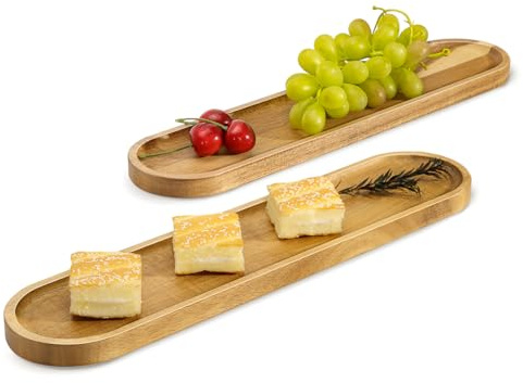 HALE OTEIR Acacia Wood Serving Tray, 13.7x3.1 Inch - Long Narrow Wooden Platter for Charcuterie, Tapas, Sushi, Appetizers & Breakfast | Wooden Bread Board, Cheese Board, Decorative Tray