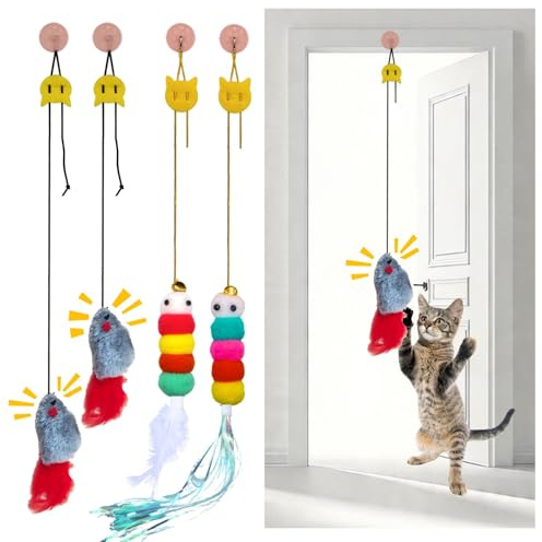 EASERIA 4 Stück Katzenspielzeug, quietschende Spielzeugmäuse & Bunte Federspielzeuge, interaktives Katzen-Spielzeug mit bunten Raupen und Schleifenbändern für Türrahmen