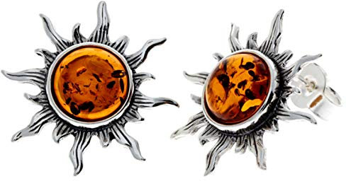 SilverAmber Jewellery UK - 925 Sterling Silber mit baltischer Honig Bernstein - Oval Stern Sonne Ohrstecker Ohrringe - 8222